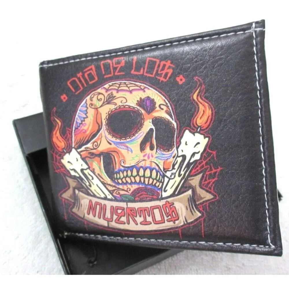 Day of The Dead Dia De Los Muertos Skull Candles Bi-Fold Vegan Leather Wallet